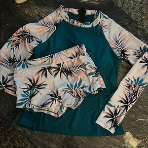 Women's Teal and Floral Long Sleeve swimsuit
